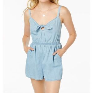 Chambray Cotton Tie-Front Romper with Pockets